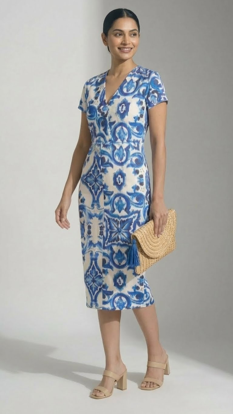 Azura Blue Printed Bodycon Midi Dress
