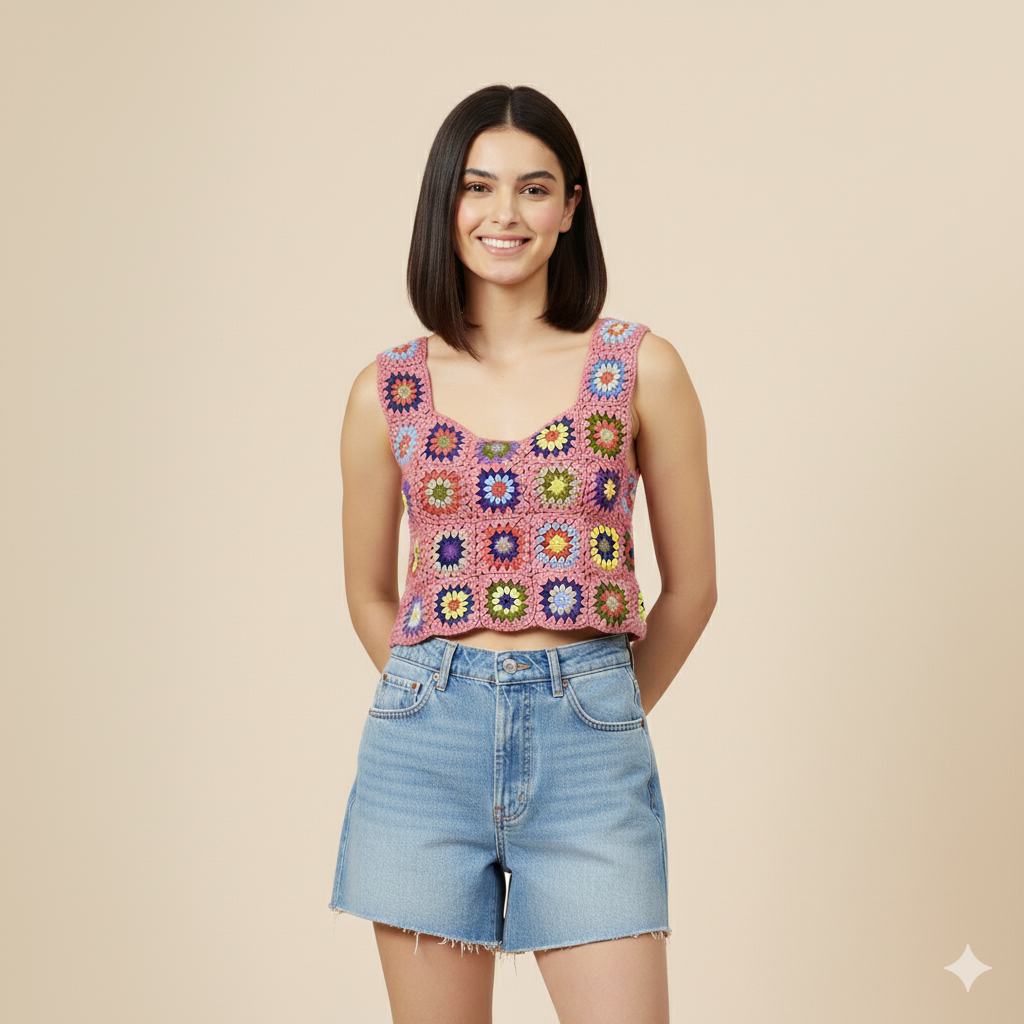 Vibrant Hand-Crocheted Granny Square Crop Top