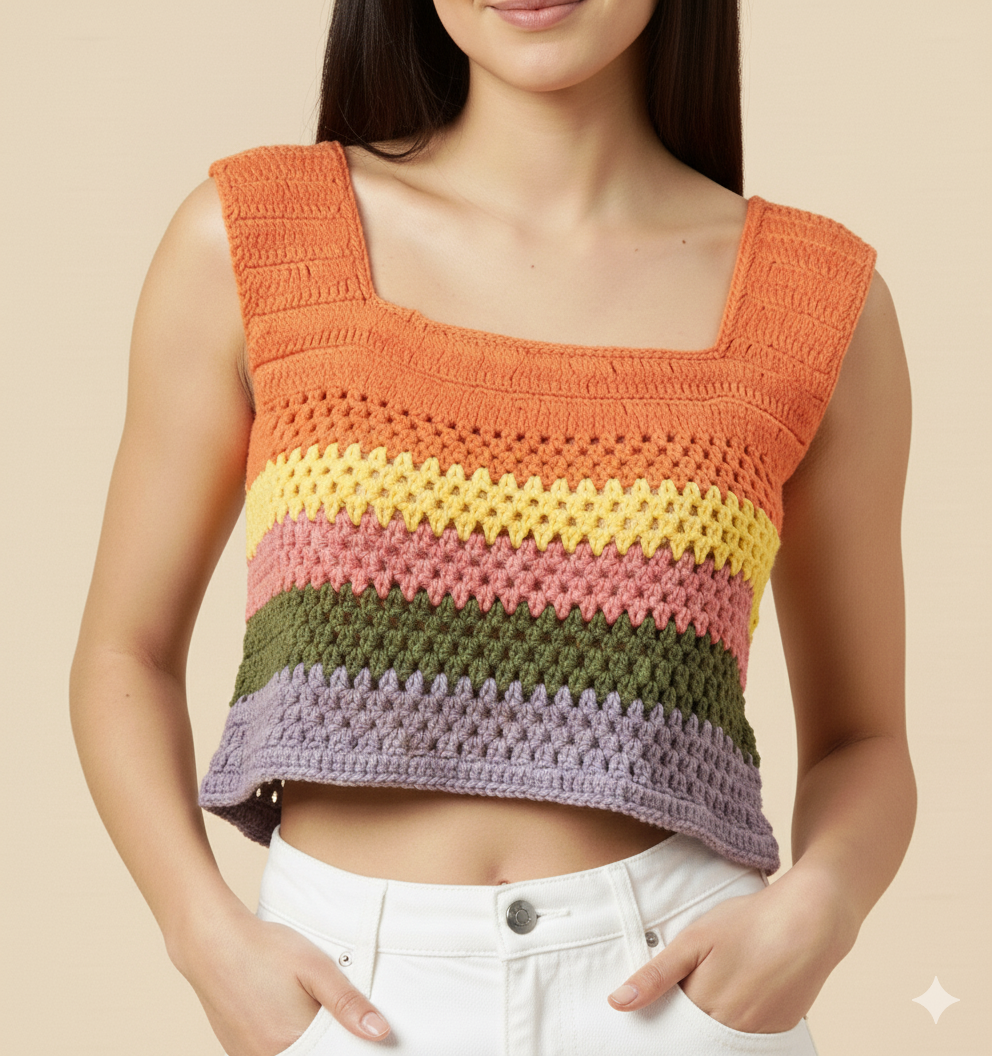 Vibrant Hand-Crocheted Rainbow Stripe Crop Top