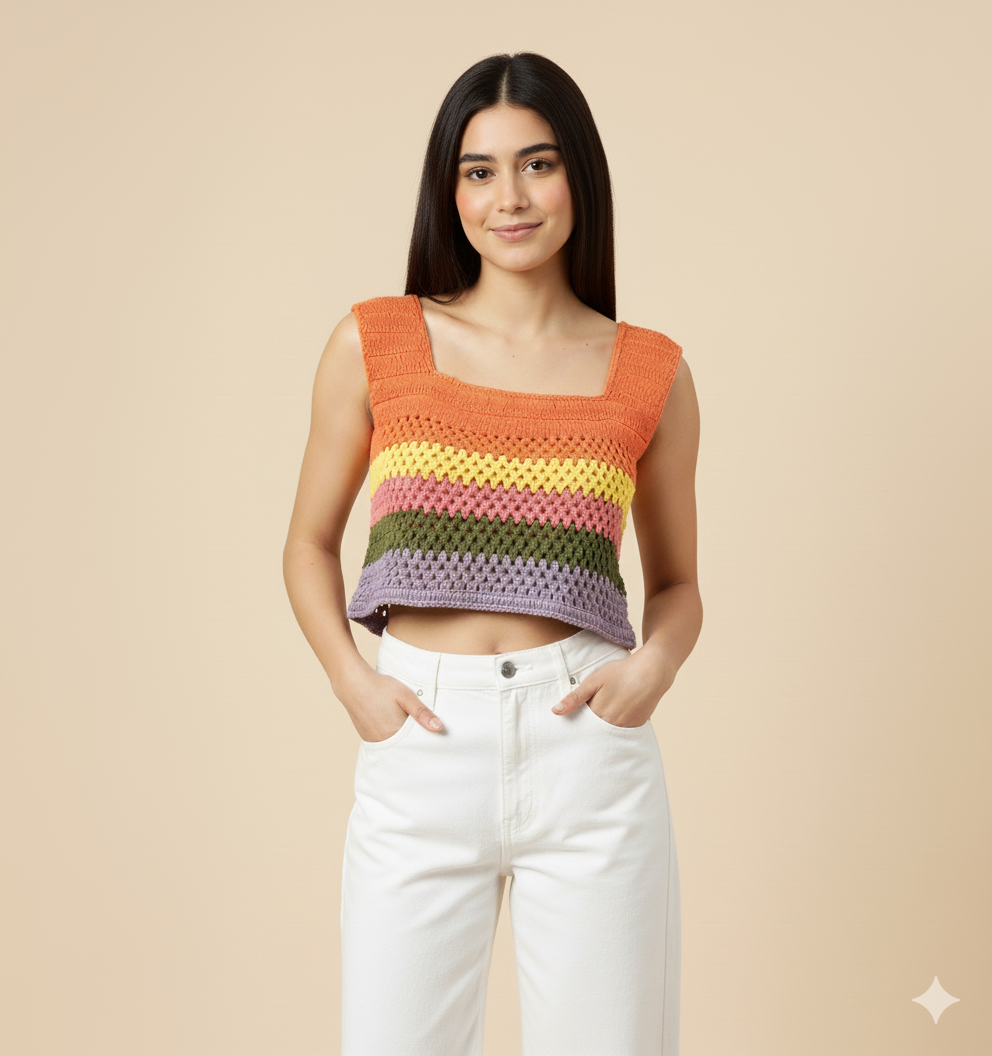 Vibrant Hand-Crocheted Rainbow Stripe Crop Top