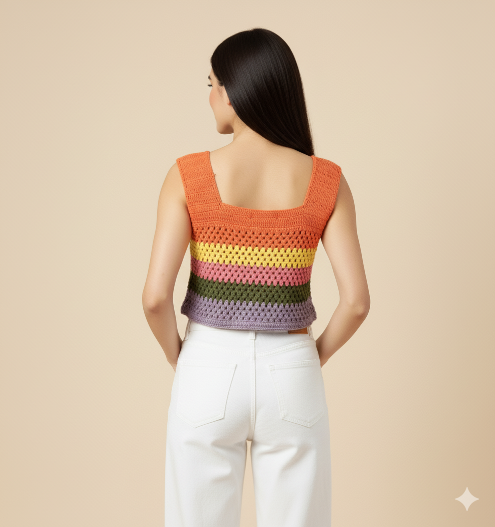 Vibrant Hand-Crocheted Rainbow Stripe Crop Top