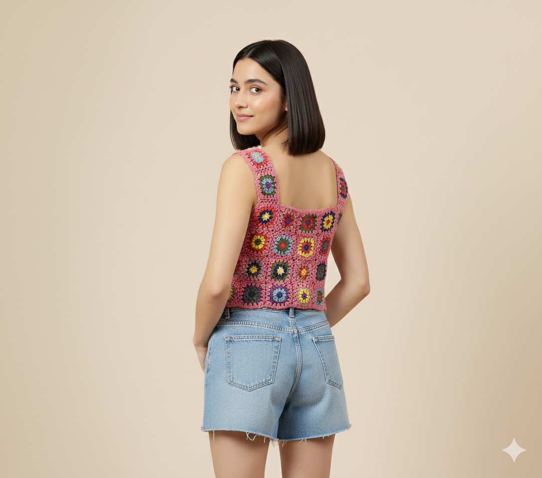 Vibrant Hand-Crocheted Granny Square Crop Top