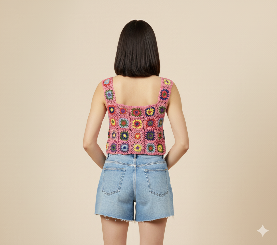 Vibrant Hand-Crocheted Granny Square Crop Top