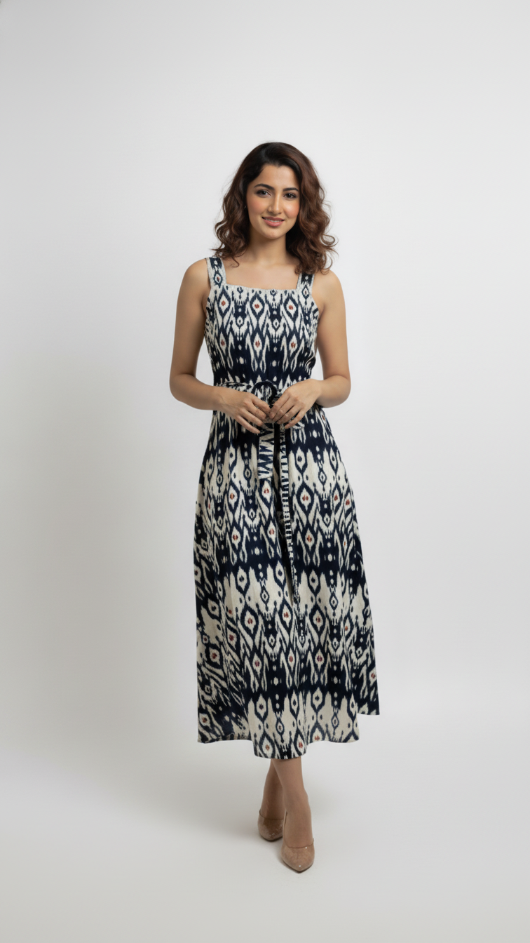 Smokey Ikat Print Midi Dress