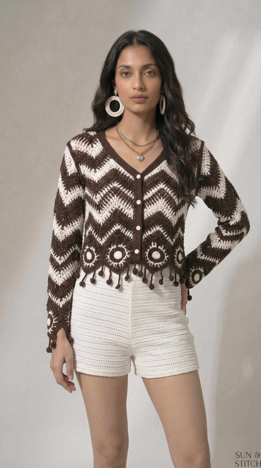 Brown Monoché Crochet Cardigan Top