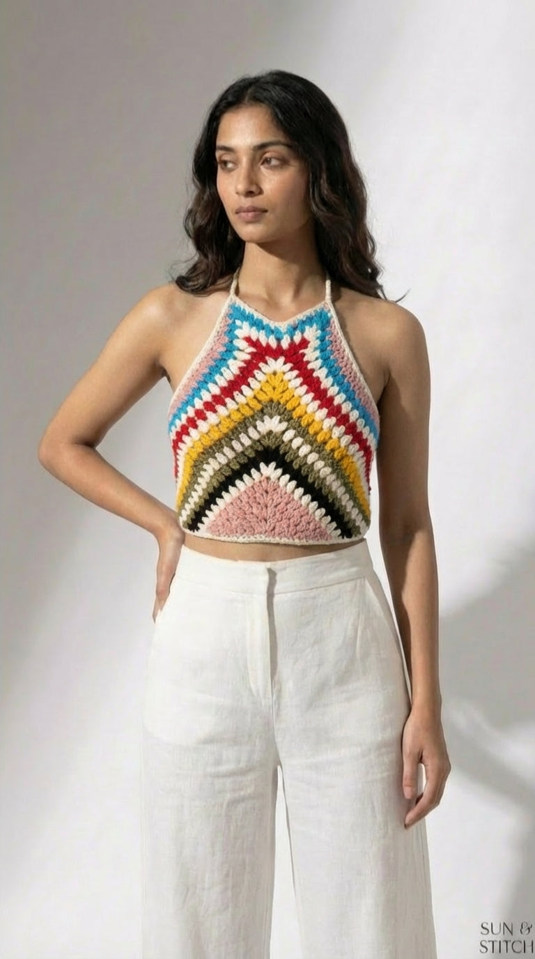 Chevria Multicolor Crochet Halter Top