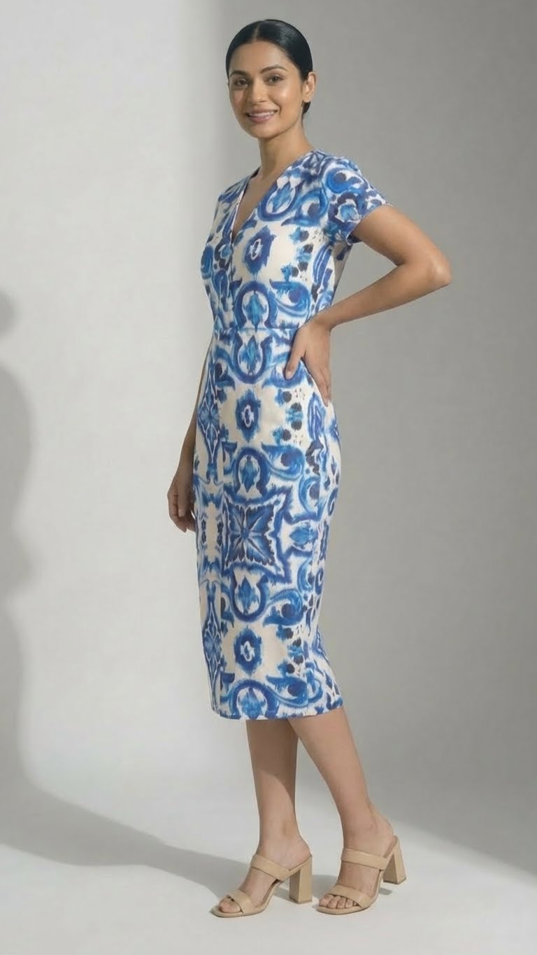 Azura Blue Printed Bodycon Midi Dress