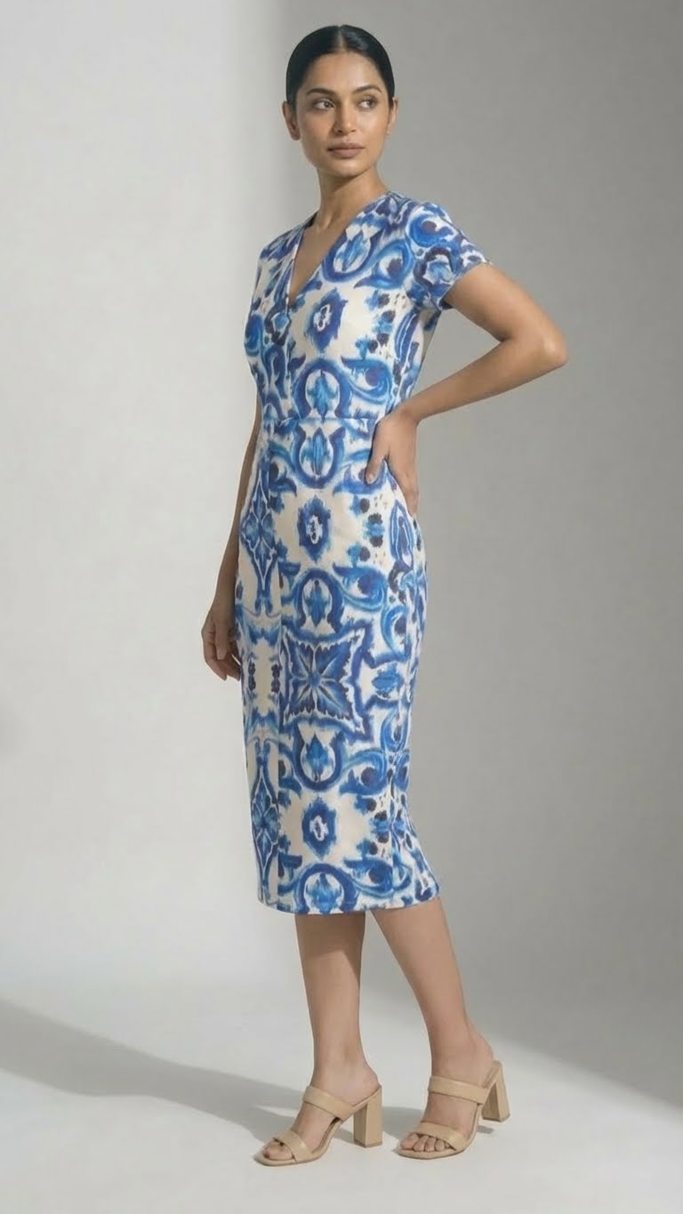 Azura Blue Printed Bodycon Midi Dress