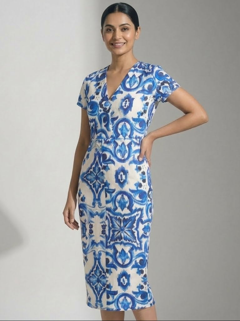 Azura Blue Printed Bodycon Midi Dress