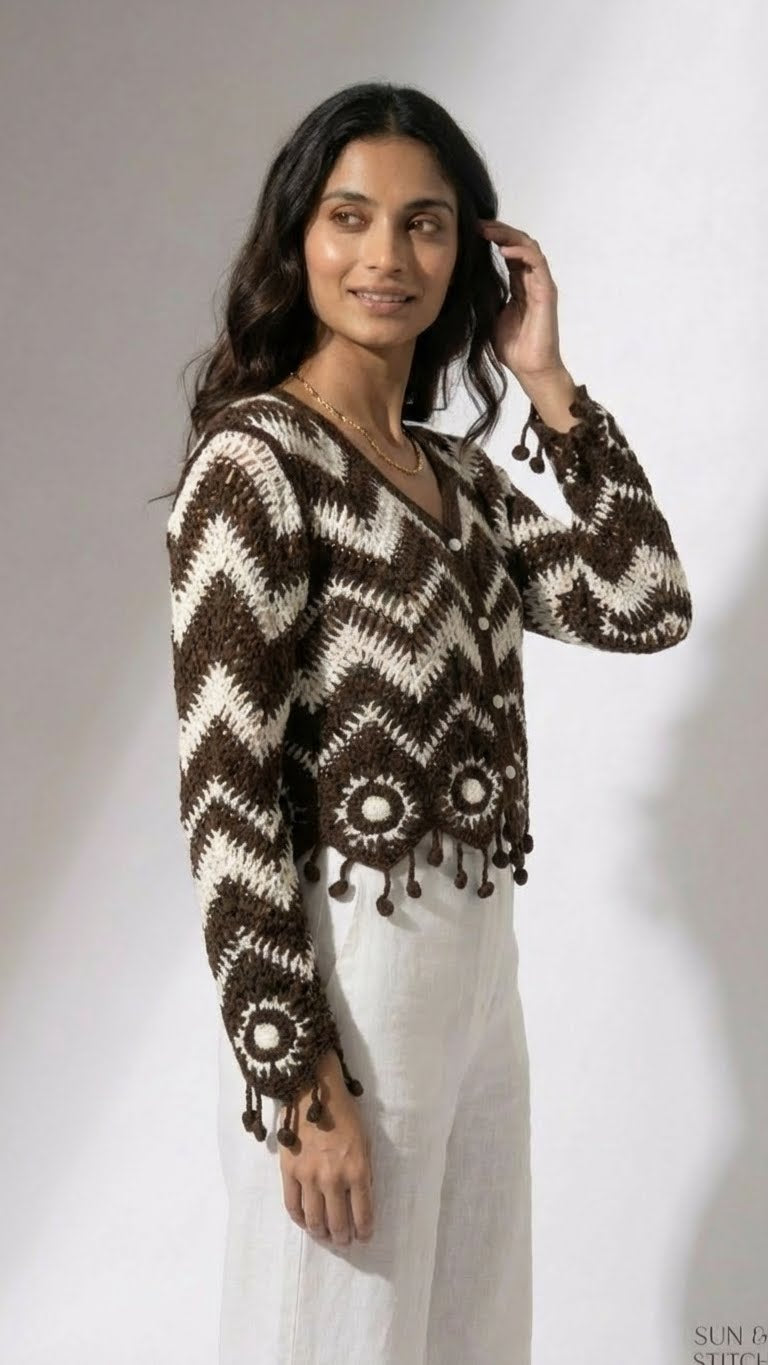 Brown Monoché Crochet Cardigan Top