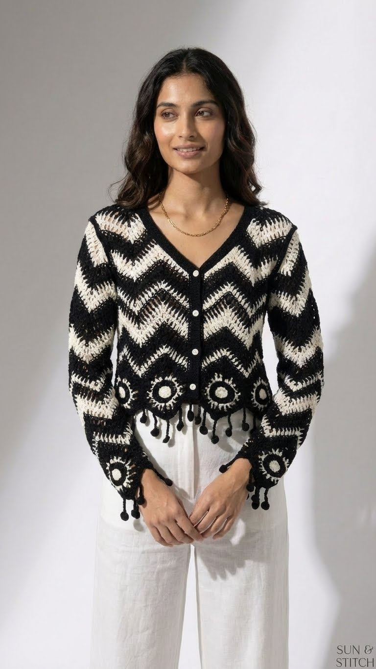 Monoché Black Crochet Cardigan Top
