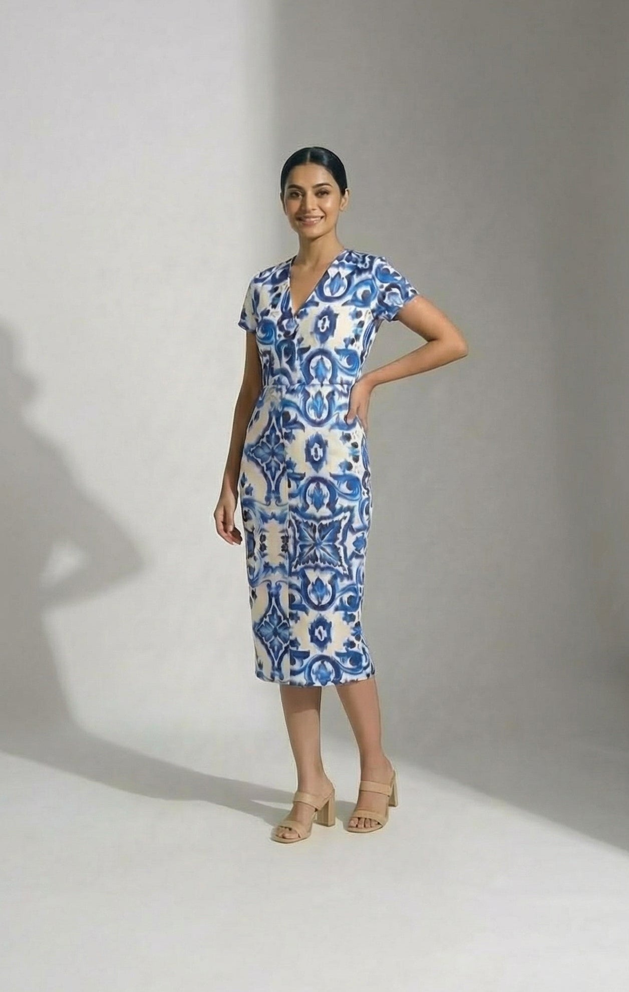 Azura Blue Printed Bodycon Midi Dress